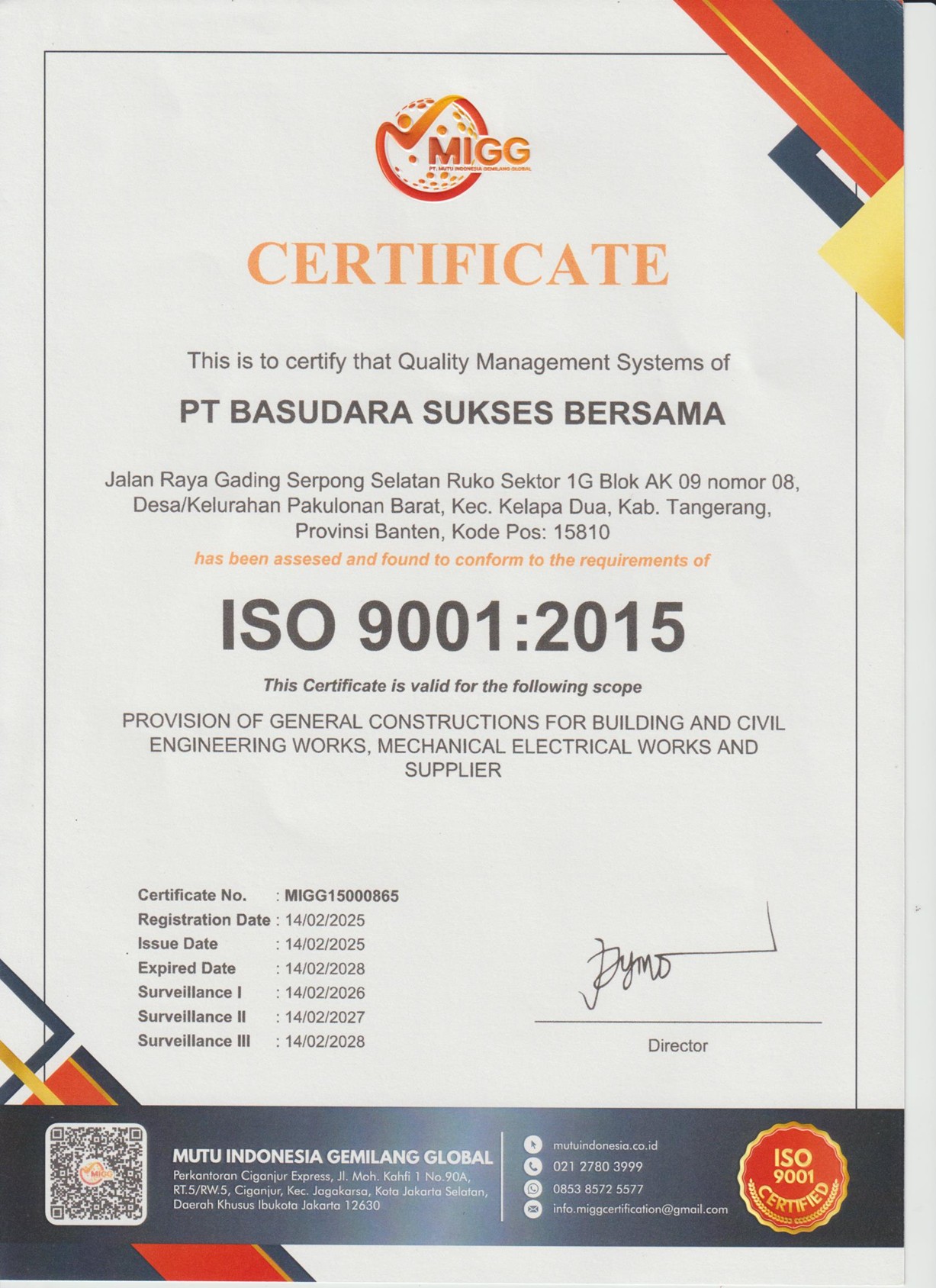 Sertifikat ISO 9001 PT Basudara Sukses Bersama